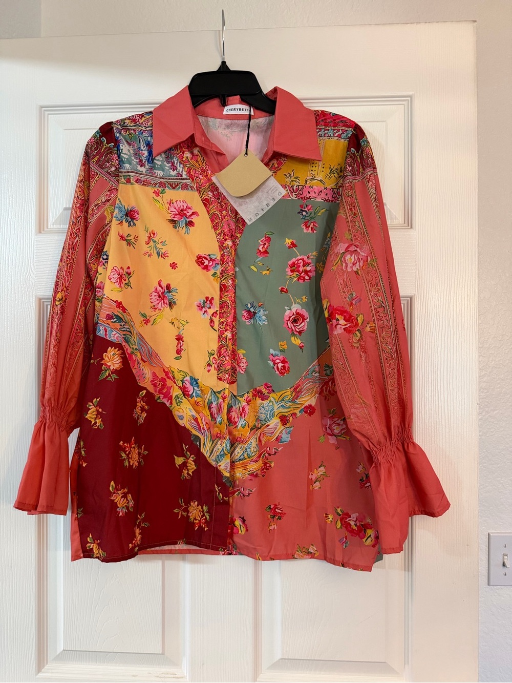 Patchwork Floral Button-Up Blouse in Coral Multi